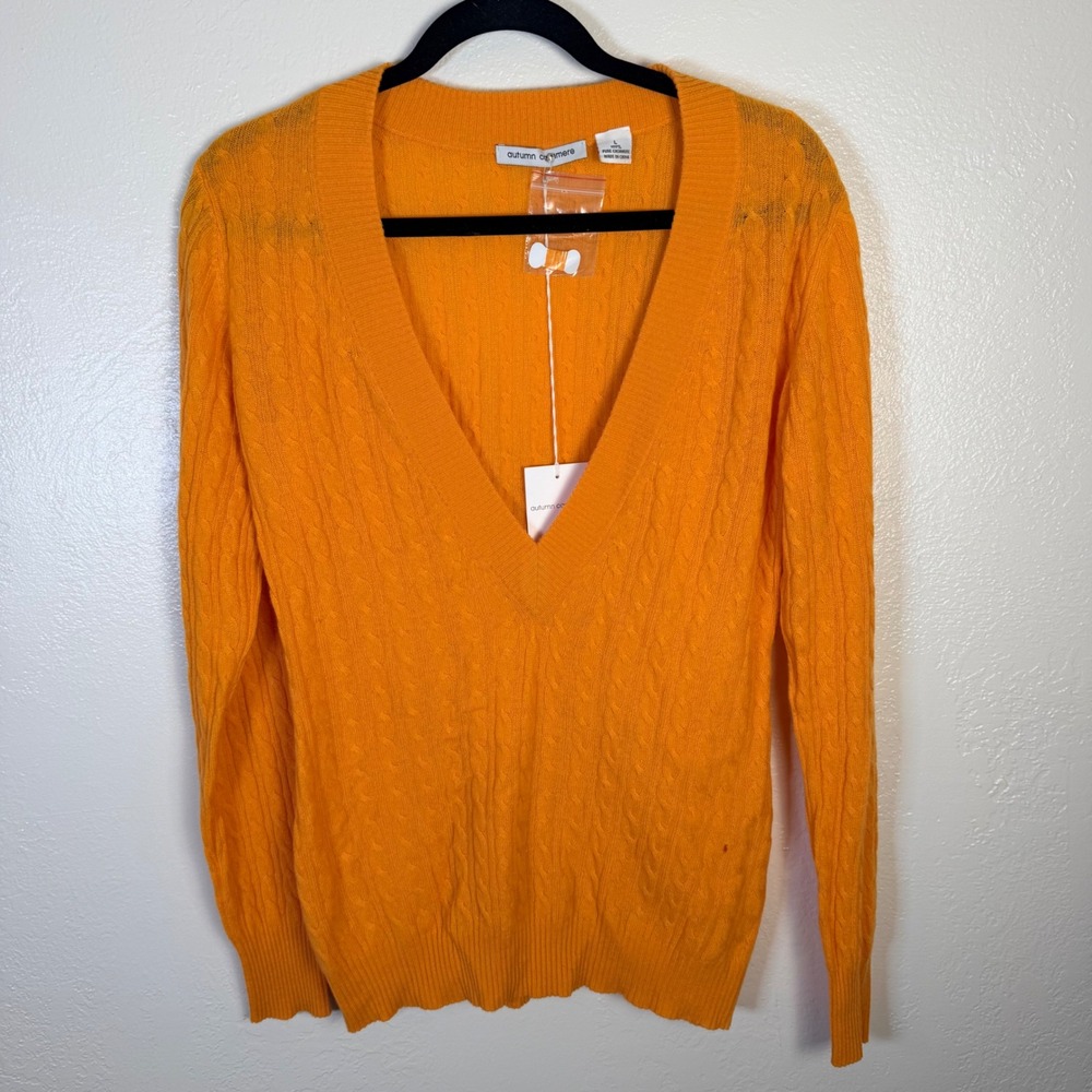 Autumn Cashmere Womens L Mandarin Orange 100% Cashmere Cable Deep V Sweater